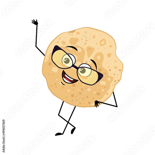 Pancake character with glasses and happy emotion, joyful face, smile eyes, arms and legs. Baking person, homemade pastry with funny expression. Food emoticon for carnival or Maslenitsa