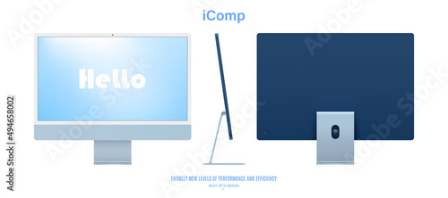 computer monitor blue color with colored screen saver front, back and side view isolated on white background. realistic and detailed mockup of display for system unit. stock vector illustration