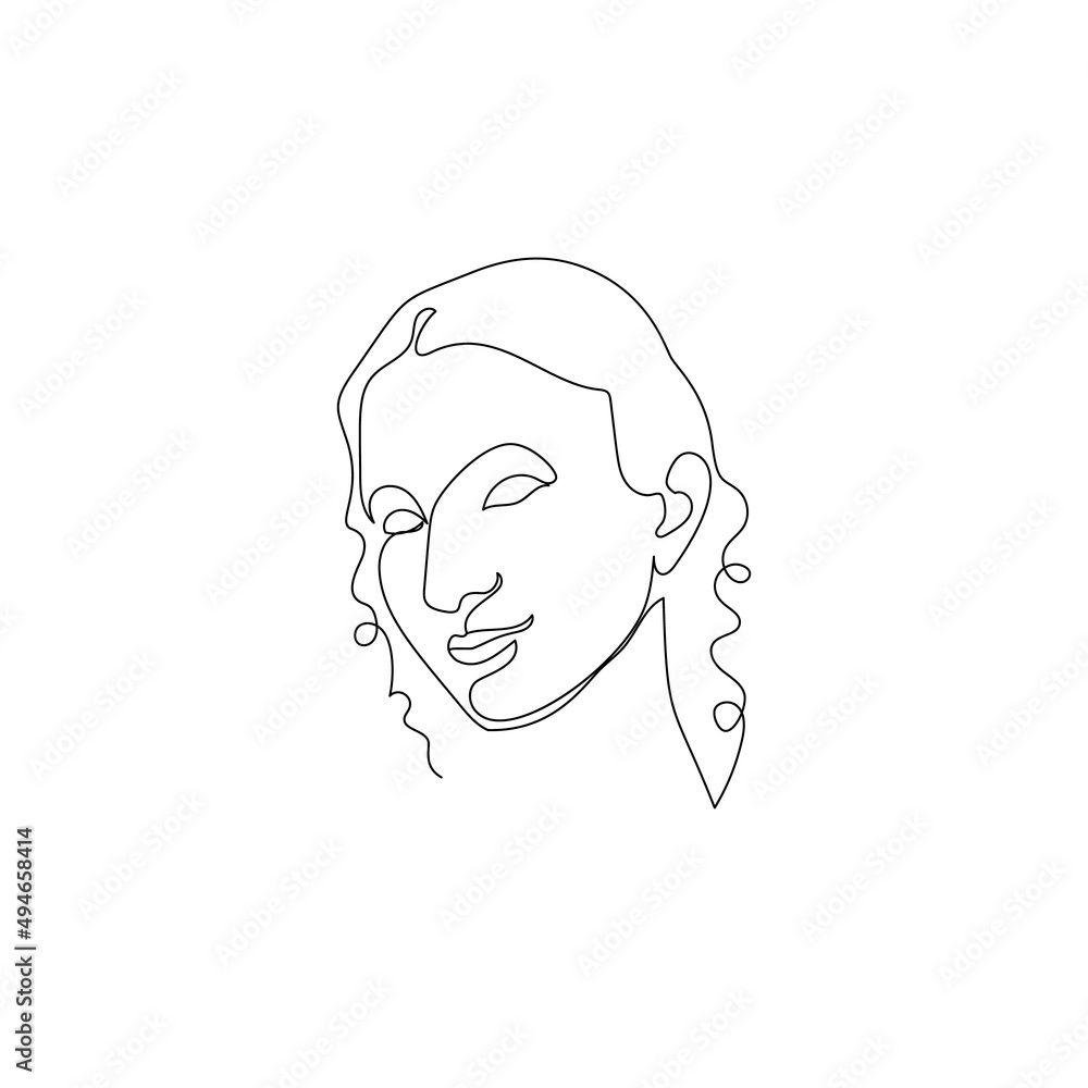 Female face single line drawing. Portrait of young beautiful girl line art.