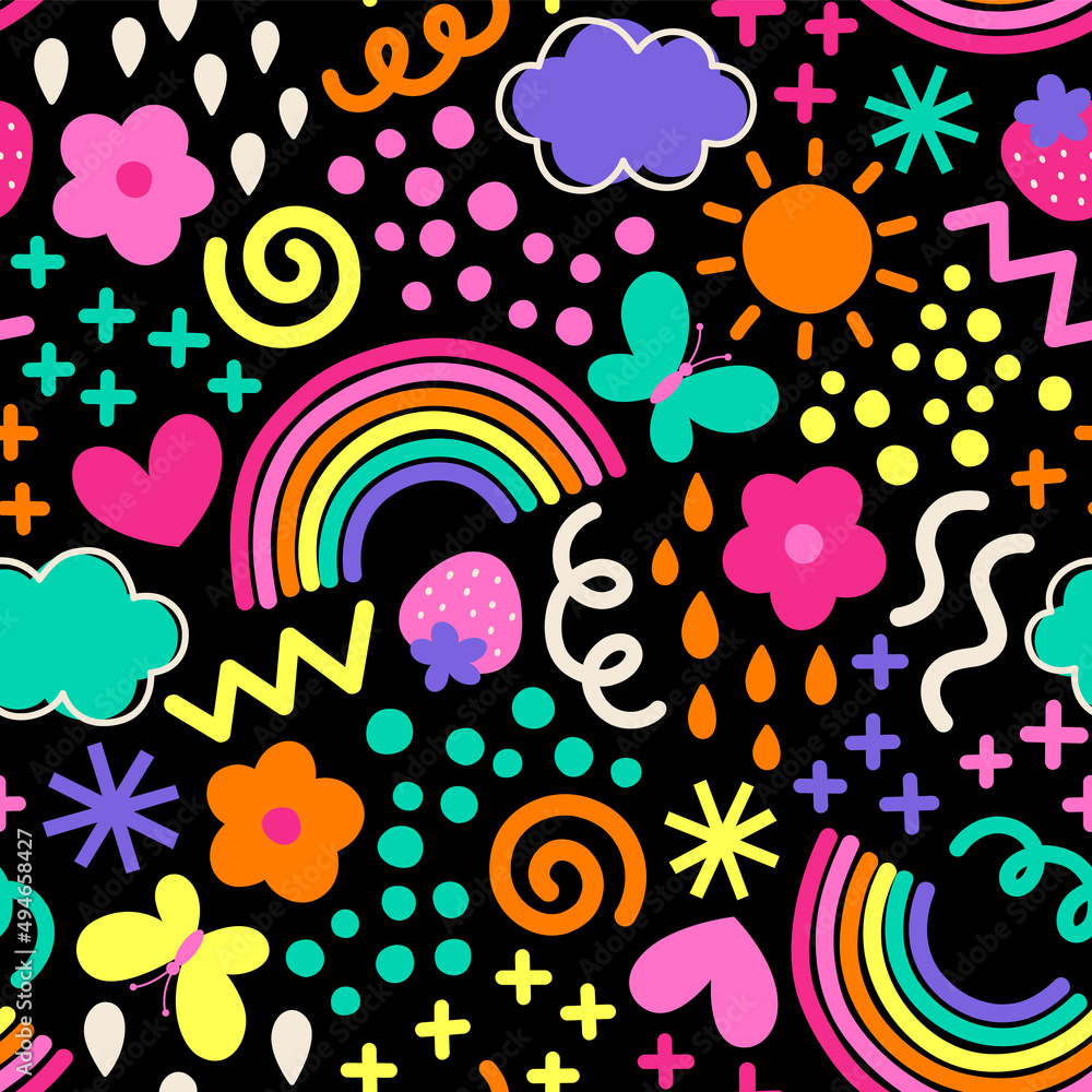 Cute colorful hand drawn rainbow, flower and natural elements seamless pattern background.