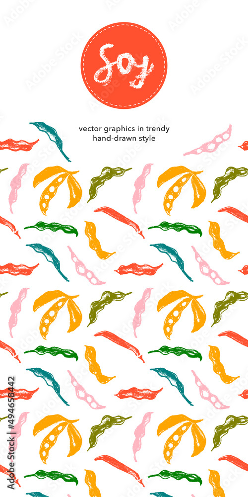Vector label template with Soybean pattern seamless. Hand-drawn soy bean ornament for packaging for Soy vegetable oil, soy milk, tofu, vegan protein banner. Sport food concept. Soybeans background. Vector label template with Soybean pattern seamless. Hand-drawn soy bean ornament for packaging for Soy vegetable oil, soy milk, tofu, vegan protein banner. Sport food concept. Soybeans background.