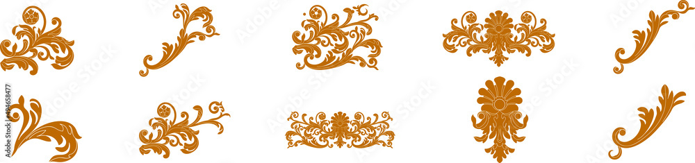 Set of golden vintage baroque ornament, corner. Retro pattern antique style acanthus. Decorative design element filigree calligraphy vector - obrazy, fototapety, plakaty 