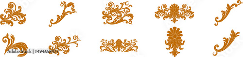 Set of golden vintage baroque ornament, corner. Retro pattern antique style acanthus. Decorative design element filigree calligraphy vector