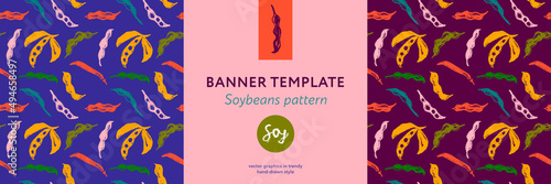 Vector label template with Soybean pattern seamless. Hand-drawn soy bean ornament for packaging for Soy vegetable oil, soy milk, tofu, vegan protein banner. Sport food concept. Soybeans background.