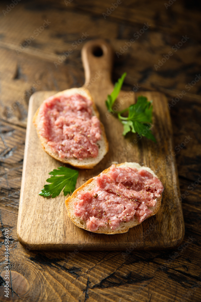 Traditional pork pate or sausage on a white bread