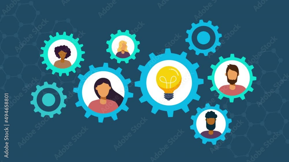 light bulb with gears concept animation.people team with gears rotating animation.Gears Humans Teamwork. light bulb with gears concept animation.people team with gears rotating animation.Gears Humans Teamwork.