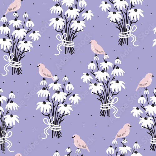 Vector seamless pattern background with birds and echinacea bouqets.