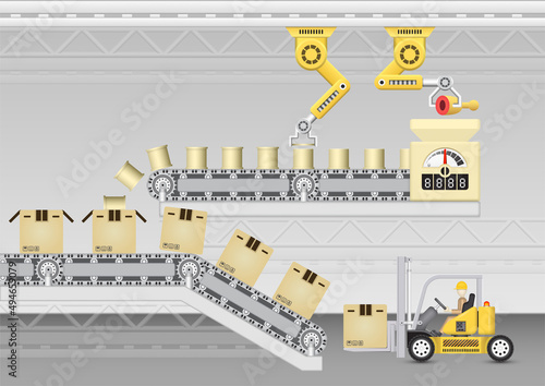 Manufacturing production or food process industry consist of box, can, meat and machine i.e. conveyor belt, production line, robot inside factory. Include operator, forklift. Vector illustration.