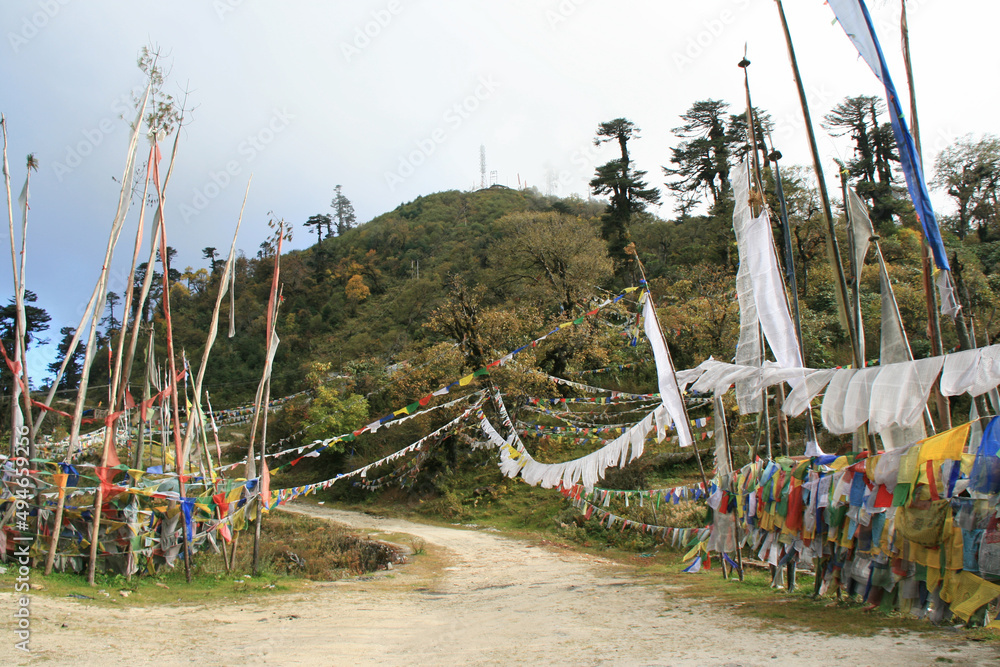 buddhist prayer flags at yutong la col in bhutan