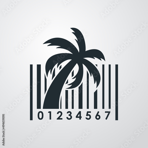 Beach holidays. Destino de vacaciones. Banner con silueta de palmera en código de barras con líneas en fondo gris