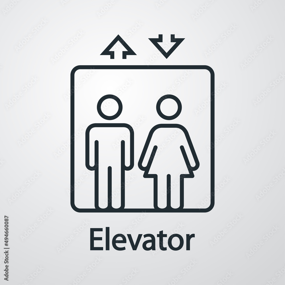 Símbolo ascensor. Icono con texto Elevator con líneas en fondo gris Símbolo ascensor. Icono con texto Elevator con líneas en fondo gris