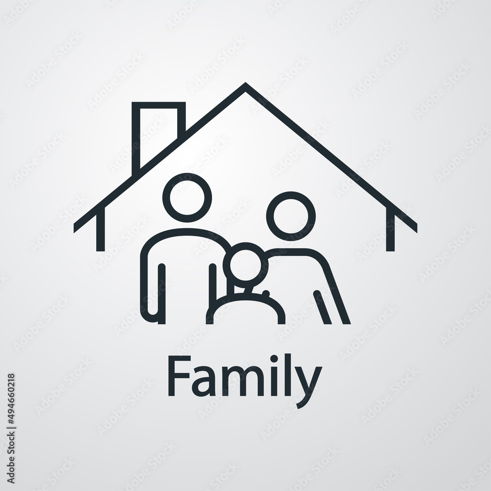 Seguro del hogar. Logotipo con texto Family con silueta de hombre, mujer y niño en tejado de casa con líneas en fondo gris Seguro del hogar. Logotipo con texto Family con silueta de hombre, mujer y niño en tejado de casa con líneas en fondo gris