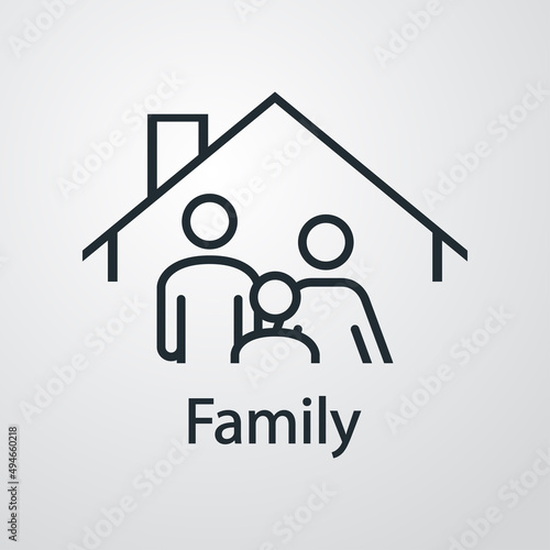 Seguro del hogar. Logotipo con texto Family con silueta de hombre, mujer y niño en tejado de casa con líneas en fondo gris