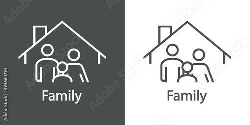 Seguro del hogar. Logotipo con texto Family con silueta de hombre, mujer y niño en tejado de casa con líneas en fondo gris y fondo blanco