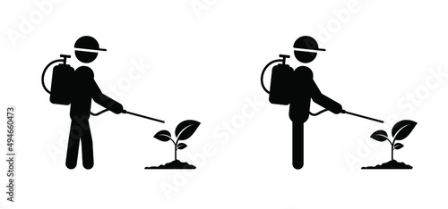 Cartoon man spraying toxic or weedkiller on plants, flowers or grass. Stickman, stick figure man with spraying weed killer. Vector icon or pictogram. Garden tools. Sprayed on a weed. Insect repellent