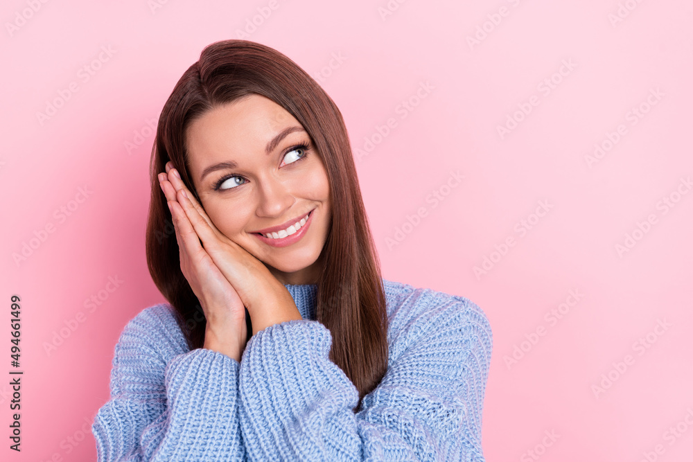 Photo of sweet millennial brown hairdo lady look promo wear blue sweater isolated on pink color background Photo of sweet millennial brown hairdo lady look promo wear blue sweater isolated on pink color background