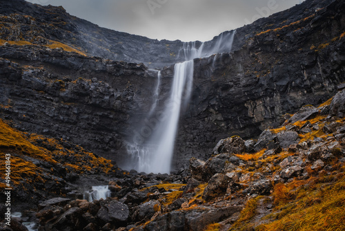 Fossa Waterfall on island Bordoy. This is the highest waterfall in the Faroe Islands  situated in wild scandinavian scenery. November 2021