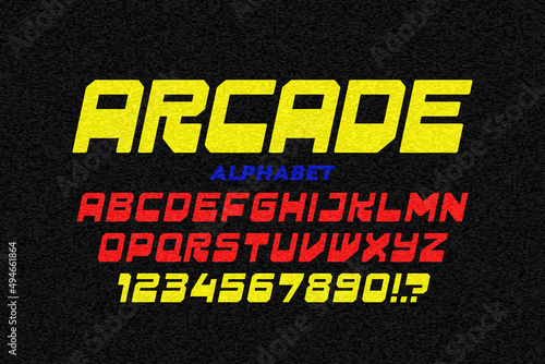 Arcade game retro style font design, alphabet letters and numbers vector illustration
