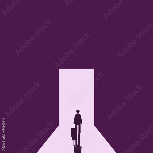 Businessman Start and Steps into Future Door. Moving Forward to New Technology, Blockchain and the Next Layer of the Internet Concepts. Futuristic Tone