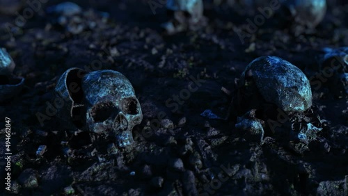 Human skulls scattered on the field of a past battle. War crimes, massacre on humanity. The concept of war and apocalypse.