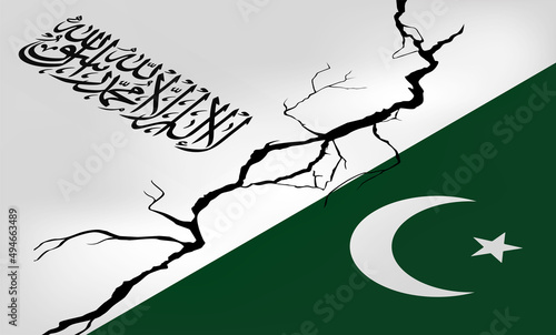 Isometric vector. Flags of Afghanistan and Pakistan amid cracks. Crisis in relations between countries. War on the border. Political dialogue and meeting of presidents. 