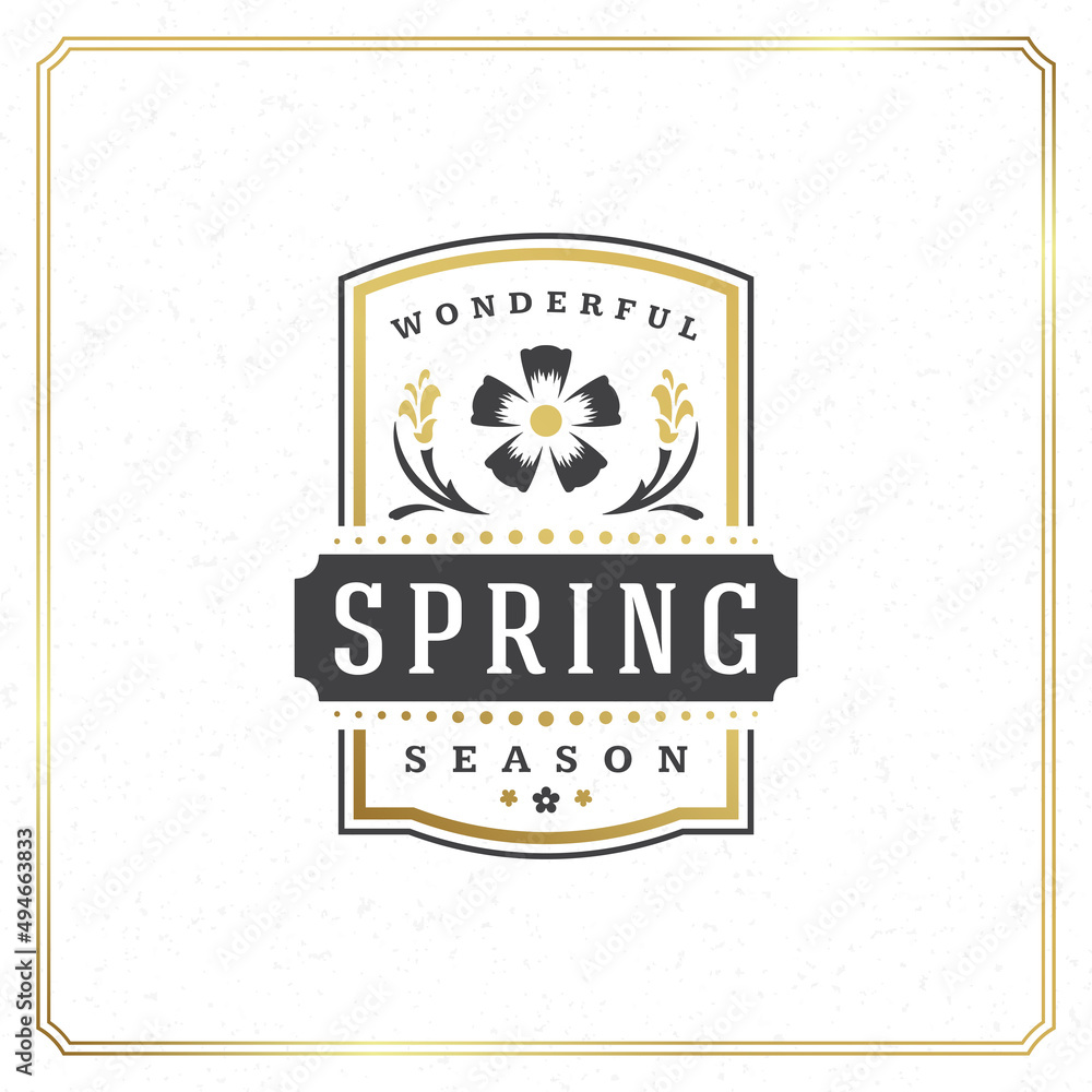 Obraz premium Spring badge vector typographic design vintage greeting card. Golden textured background. Eps 10.