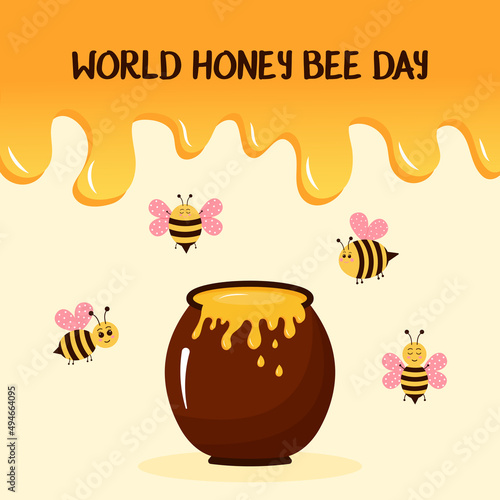 Honey drops background  honey pot and cute bees. World honey bee day text.