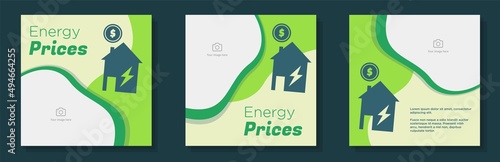 High energy prices social media post, banner set, rising gas costs advertisement concept, global electricity crisis marketing square ad, abstract print, isolated on background