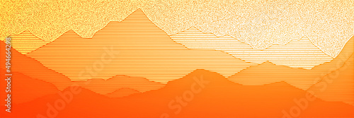 Sunrise in the mountains, panoramic view, vector illustration. Fantasy on the theme of the morning landscape.