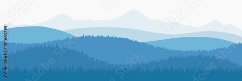 Vector illustration of mountains, ridge in the morning haze, panoramic view