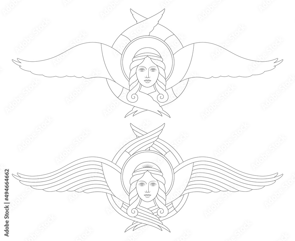 Cut through the image of an angel with wings and a halo. Embroidery with threads of an icon, a shroud, or a priest's vestment for worship in the Orthodox Church. Vector outline illustration 