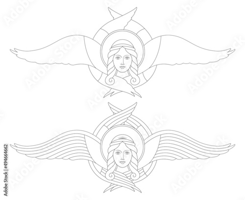 Cut through the image of an angel with wings and a halo. Embroidery with threads of an icon, a shroud, or a priest's vestment for worship in the Orthodox Church. Vector outline illustration 