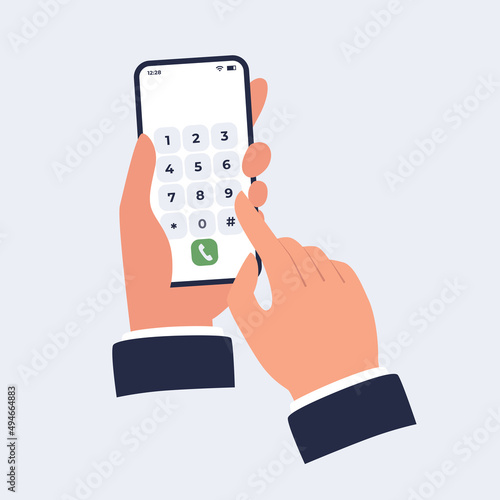 Hand holding smartphone with dialing screen. Mobile phone with a numeric keypad on a touch screen. Vector flat illustration on a light isolated background.