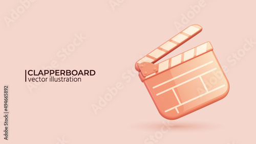 3d vector Clapperboard in realistic cute cartoon style. 3D Realistic icons in trendy color. Mobile Template Social network. Vector illustration