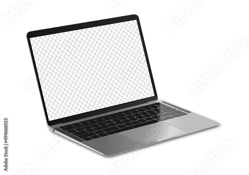 Isolated laptop with transparent screen mockup. Vector illustration of realistic laptop mockup with shudows.