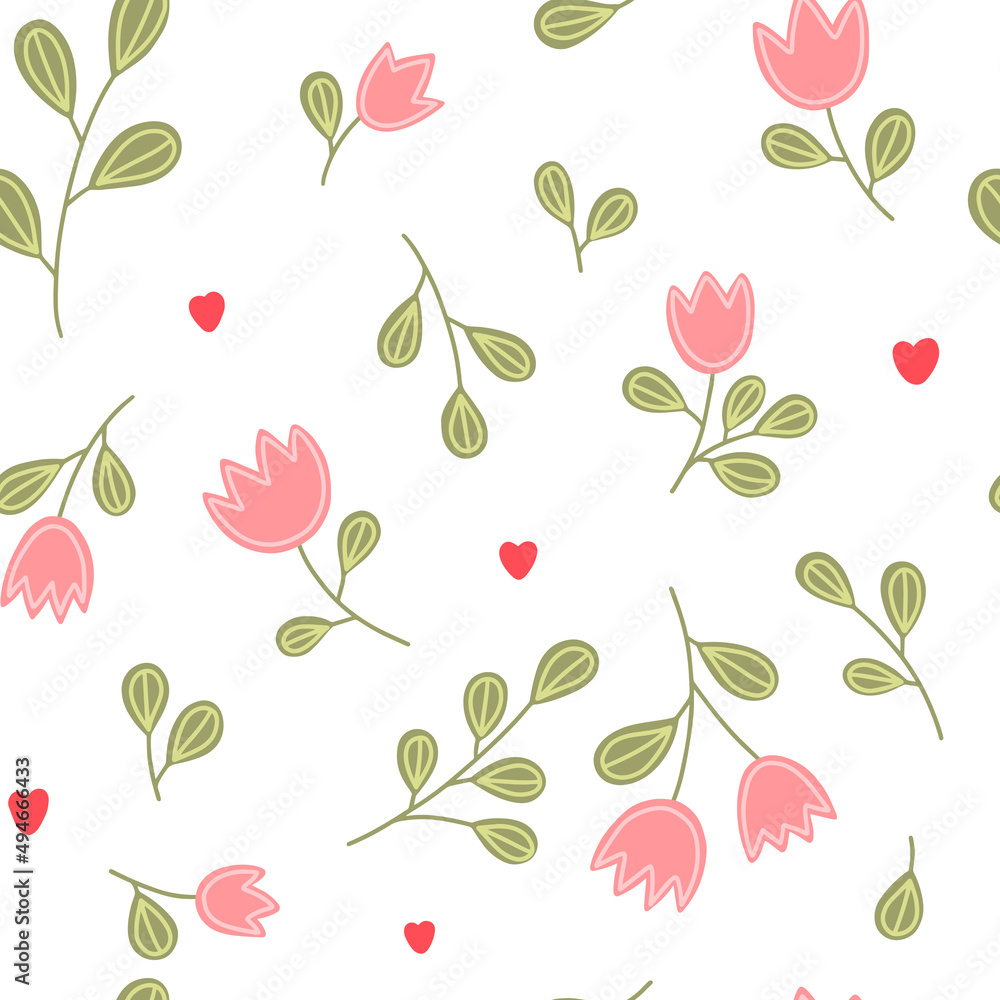 Abstract seamless pattern with pink tulips and hearts. Spring, flowers. Vector romantic hand drawn background with garden flowers. Abstract seamless pattern with pink tulips and hearts. Spring, flowers. Vector romantic hand drawn background with garden flowers.