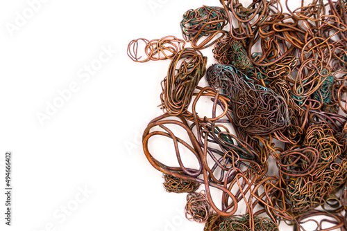 Burned copper wire isolated on white background.