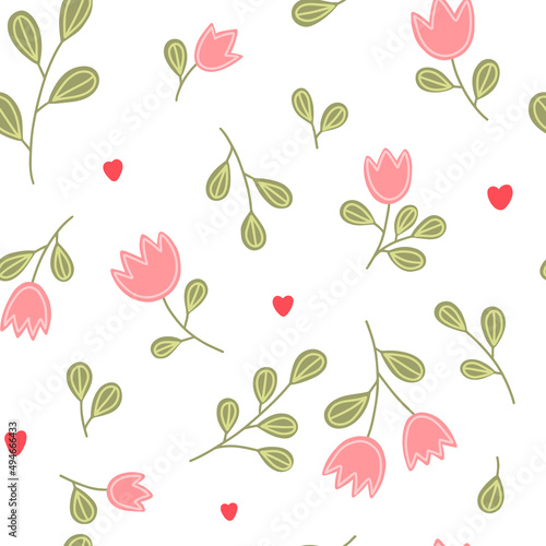 Abstract seamless pattern with pink tulips and hearts. Spring, flowers. Vector romantic hand drawn background with garden flowers. 