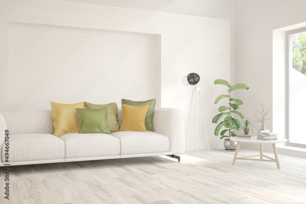 Stylish room in white color with sofa. Scandinavian interior design. 3D illustration Stylish room in white color with sofa. Scandinavian interior design. 3D illustration