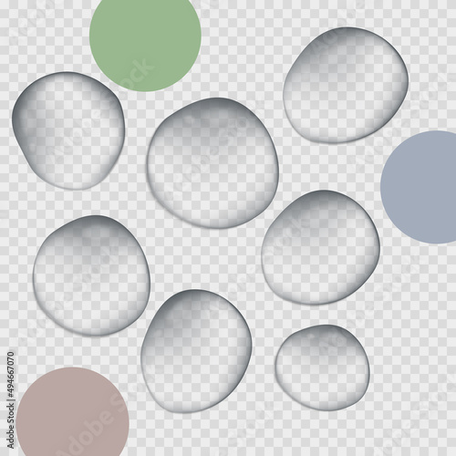 Blue water droplets. Water drops isolated. Vector illustration. Air bubbles, dynamic aqua motion, realistic misted glass, rain on window, wet surface, humid texture, condensation or dew.