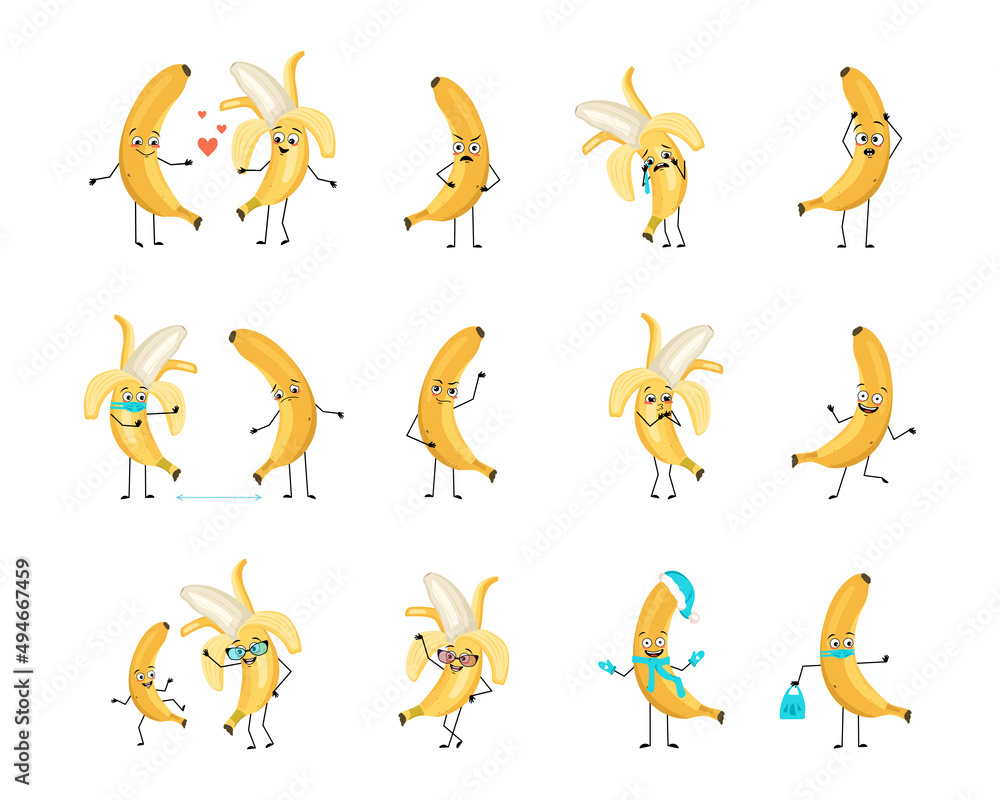 Yellow banana character with happy or sad emotions, panic, loving or brave face, hands and legs. Cheerful fruit, exotic person with mask, glasses or hat. Vector flat illustration 