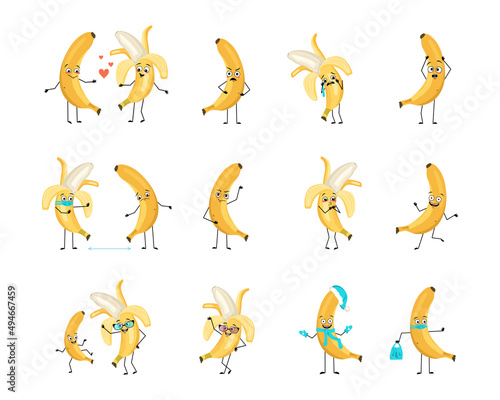 Yellow banana character with happy or sad emotions, panic, loving or brave face, hands and legs. Cheerful fruit, exotic person with mask, glasses or hat. Vector flat illustration 