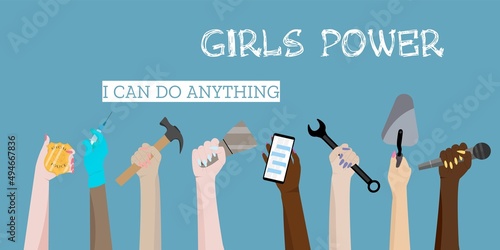 Happy Labor Day. Female hands holders different tools for work. 1 may.