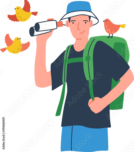 Young Birdwatcher at Ecotour Cartoon Illustration