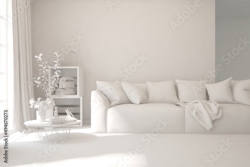 White minimalist living room with sofa. Scandinavian interior design. 3D illustration