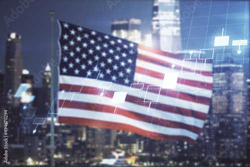 Multi exposure of virtual abstract financial graph interface on US flag and skyline background, financial and trading concept