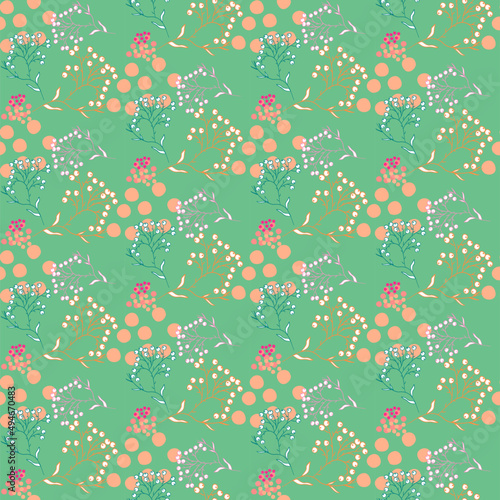 Vector seamless half-drop pattern, with leaves and bud