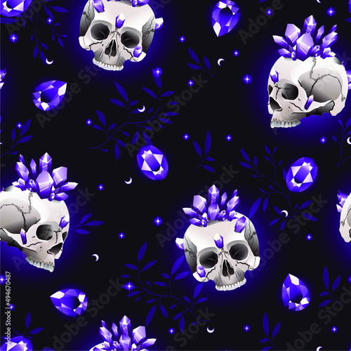 Seamless pattern with human skull and violet gems. Magical pattern.