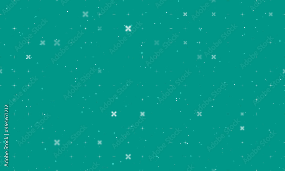 Seamless background pattern of evenly spaced white abstract star symbols of different sizes and opacity. Vector illustration on teal background with stars