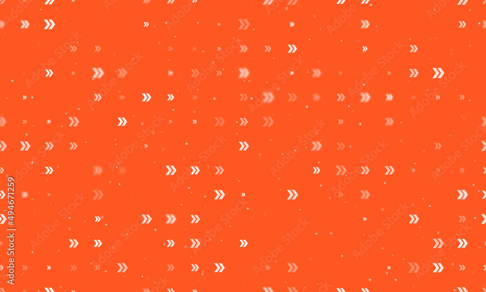 Seamless background pattern of evenly spaced white double arrow symbols of different sizes and opacity. Vector illustration on deep orange background with stars Seamless background pattern of evenly spaced white double arrow symbols of different sizes and opacity. Vector illustration on deep orange background with stars